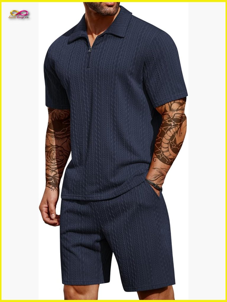 Quarter Zip Polo Shirt And Shorts Set Athletic Jogging Summer Tracksuit